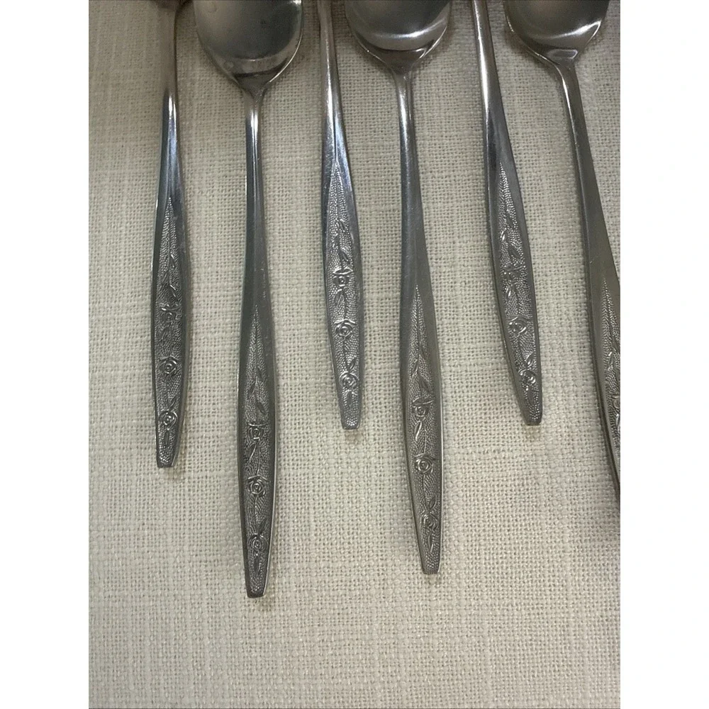 8 Iced Tea Spoons & Butter‎ Knife Custom Craft CUS1 Rose Flower Stainless Taiwan